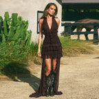 Backless Halter Maxi Dress With Ruffle Hem