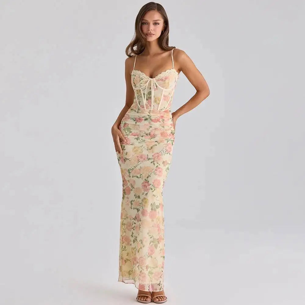 Women's Corset Floral Bodycon Long Dress