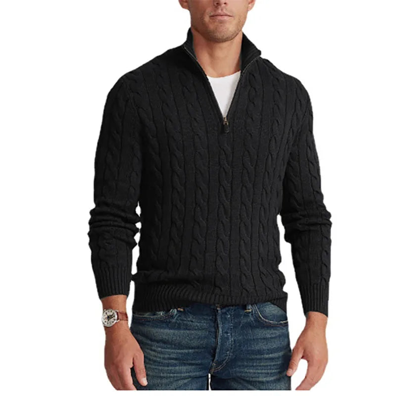 Men's Cable Knit Jumper with Half Zip Stand Collar