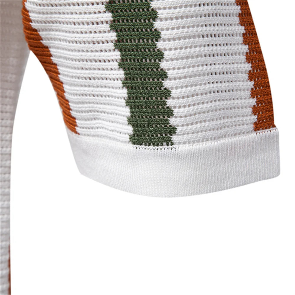 Men's Vertical Stripe Polo Shirt with Short Sleeves and Ribbed Hem