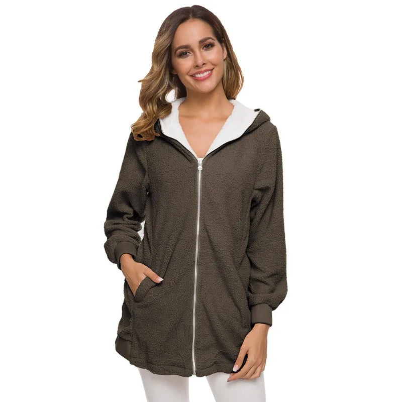 Women's Fleece Hooded Jacket – Longline Full Zip Warm Winter Coat