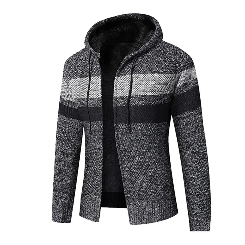 Men's Knitted Zip Up Hoodie – Long Sleeve Hooded Jumper with Stripe Detail