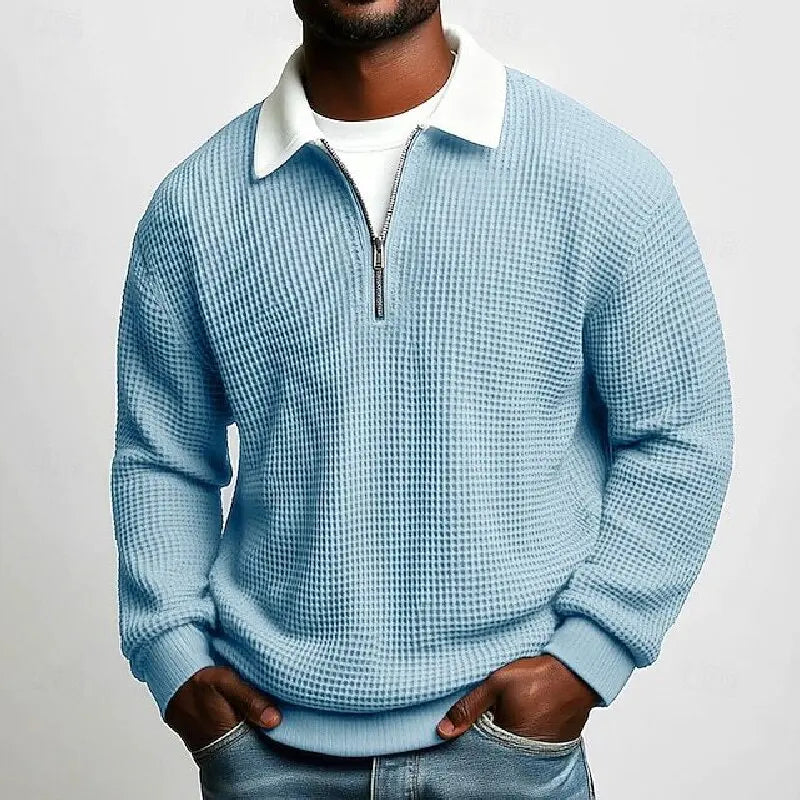 Men's Quarter Zip Polo Jumper with Textured Knit