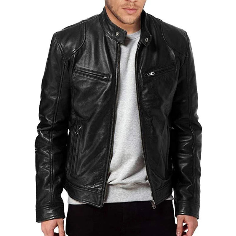 Men's Long Sleeve Jacket with Stand Collar – Full Zip Front and Chest Pockets