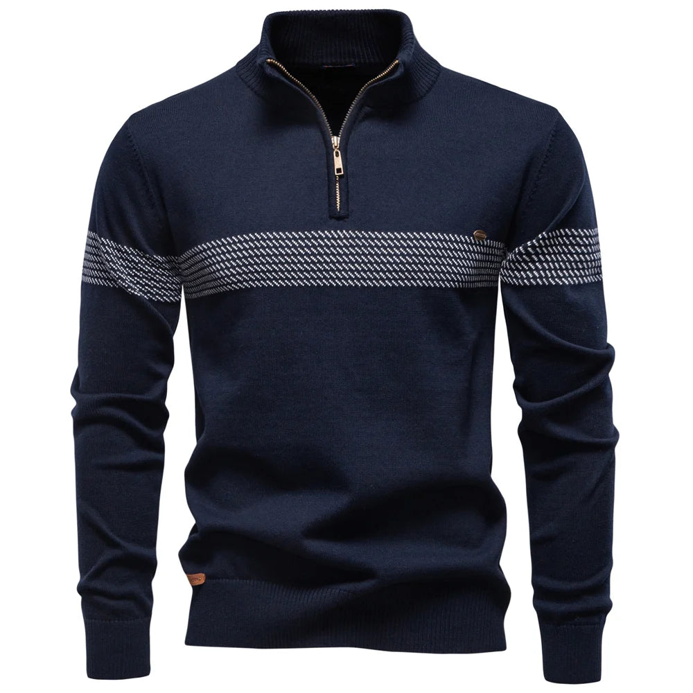 Men's Knitted Quarter Zip Jumper – Long Sleeve High Neck Striped Sweater