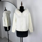 Women's Knitted Jumper with Fur Collar – Long Sleeve Zip Front Sweater