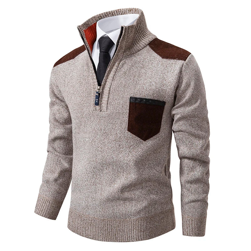 Men's Long Sleeve Pullover Sweater Quarter Zip Chest Pocket