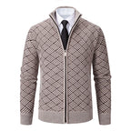 Men's Knitted Zip Cardigan – Long Sleeve Stand Collar Sweater with Geometric Pattern