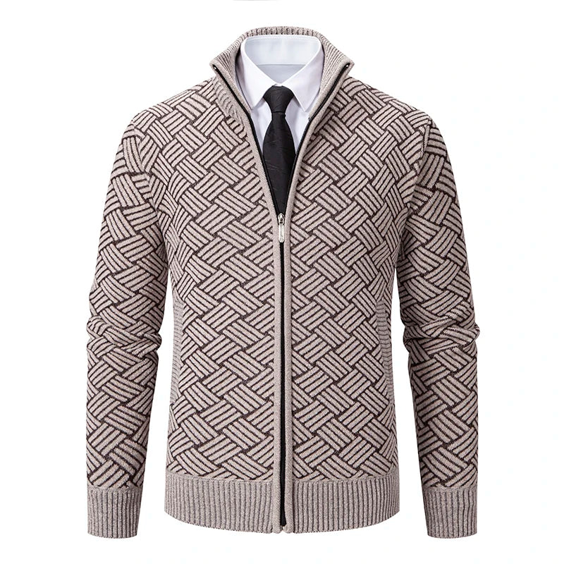 Men's Knitted Zip Cardigan – Long Sleeve Stand Collar Sweater with Geometric Pattern