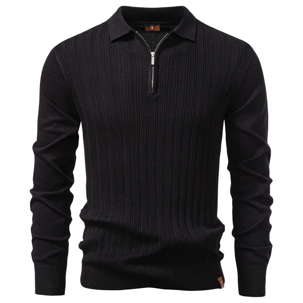Men's Quarter Zip Polo Sweater with Long Sleeves and Ribbed Collar