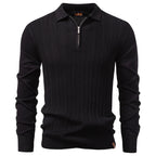 Men's Quarter Zip Polo Sweater with Long Sleeves and Ribbed Collar