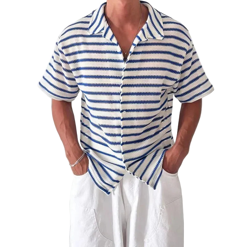 Mens Striped Camp Collar Top Shirt