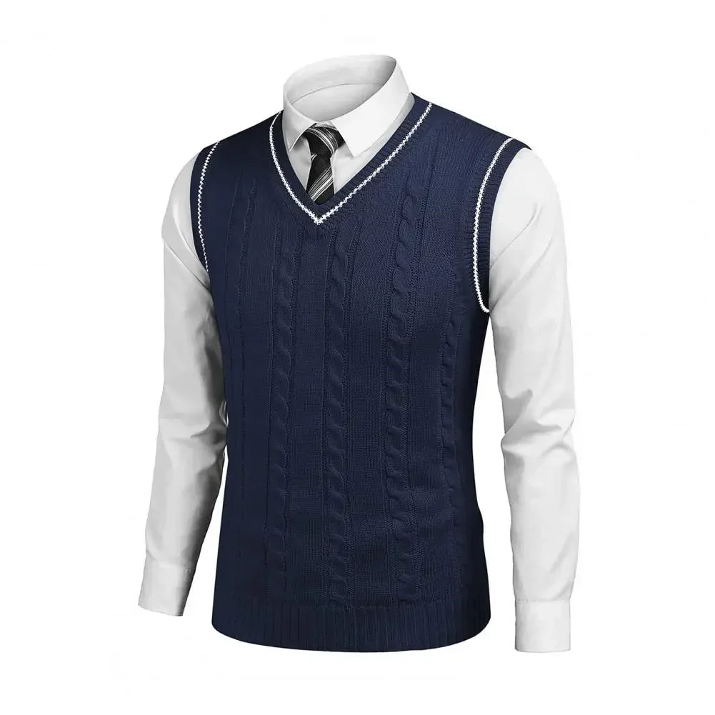 Men's Cable Knit Gilet with V Neck and Contrast Trim