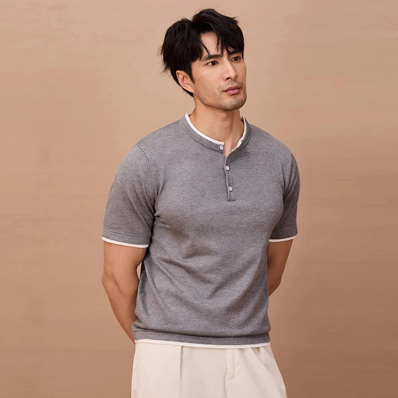 Mens Button Neck Pullover Tee