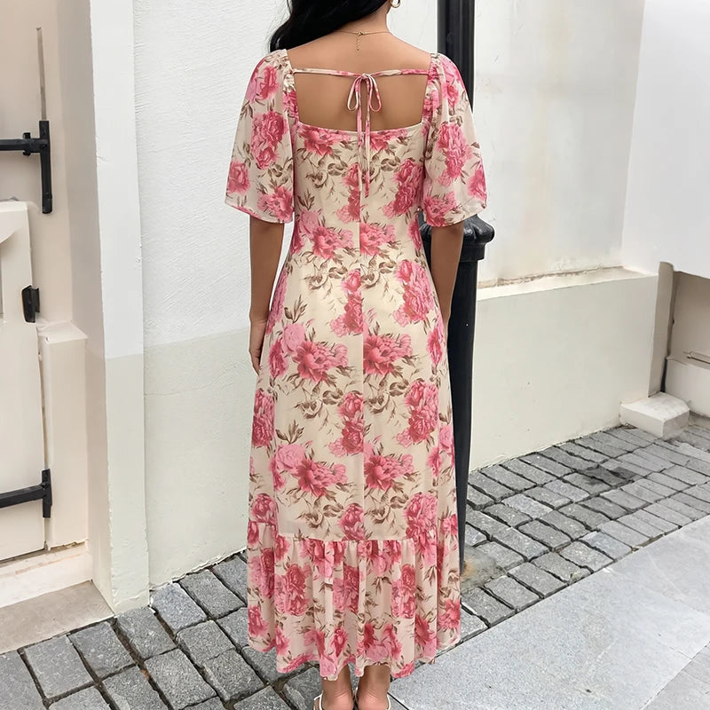 Floral Print Square Neck Midi Dress
