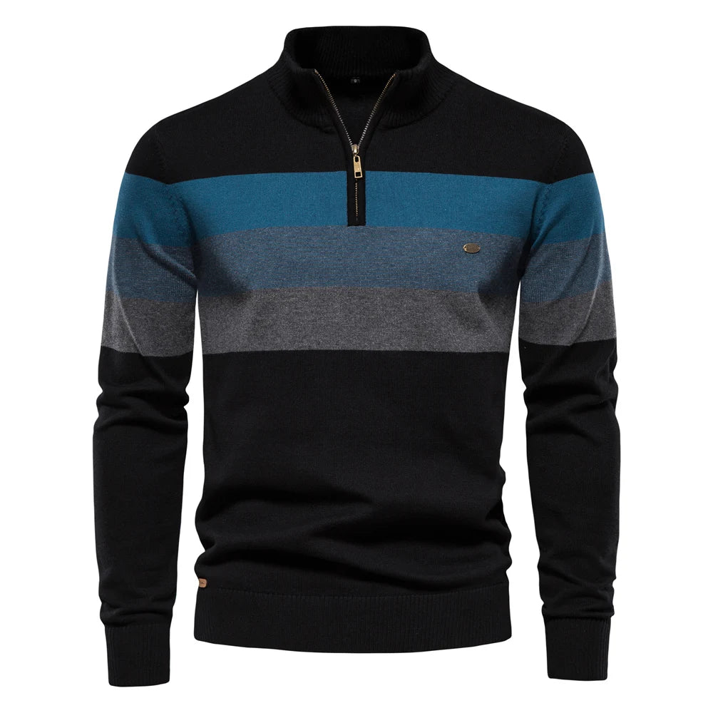 Men's Striped Quarter Zip Pullover Sweater with Ribbed Trim