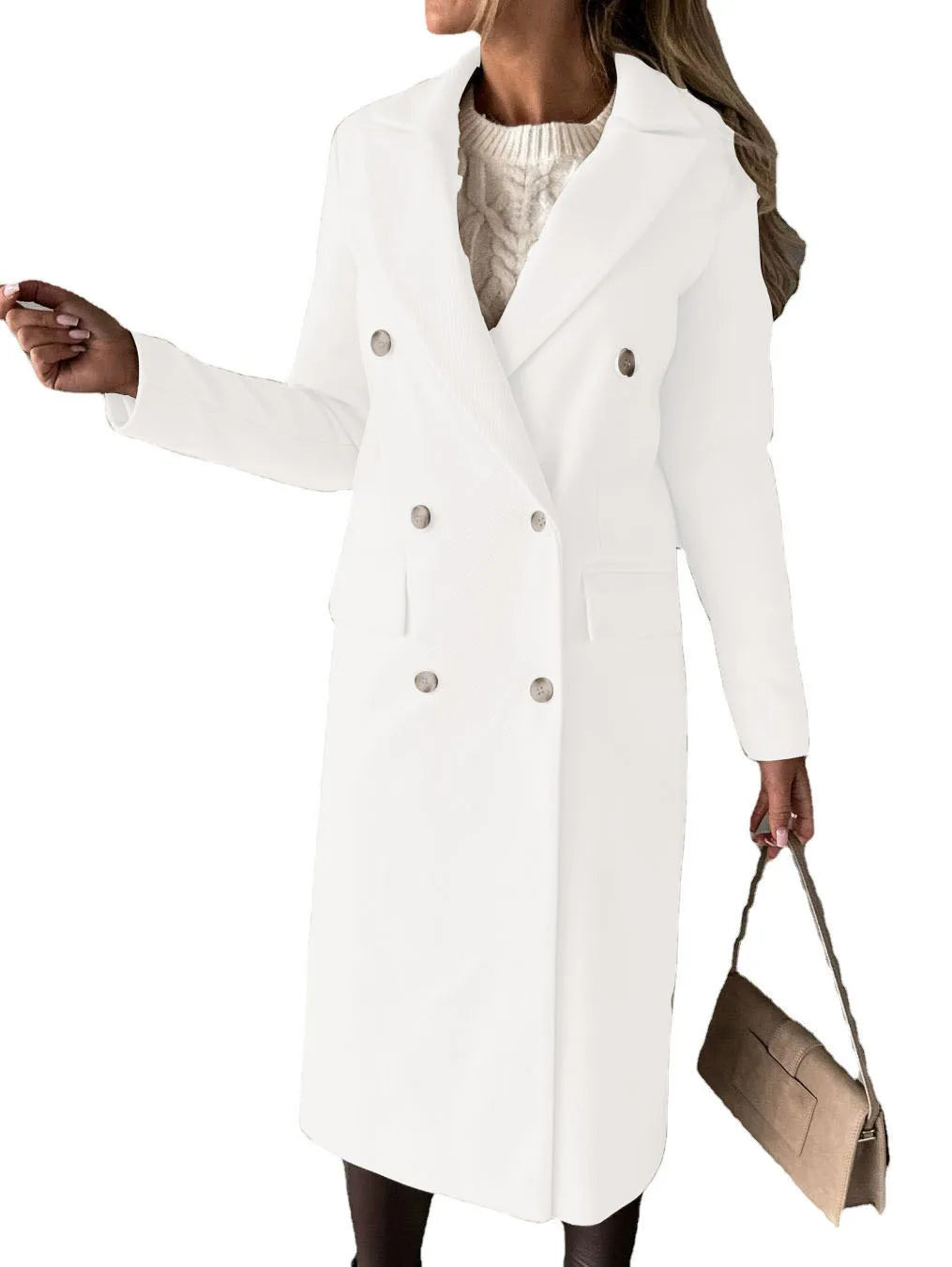 Women's Longline Double Breasted Coat – Long Sleeve Lapel Collar Button Front
