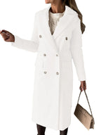 Women's Longline Double Breasted Coat – Long Sleeve Lapel Collar Button Front