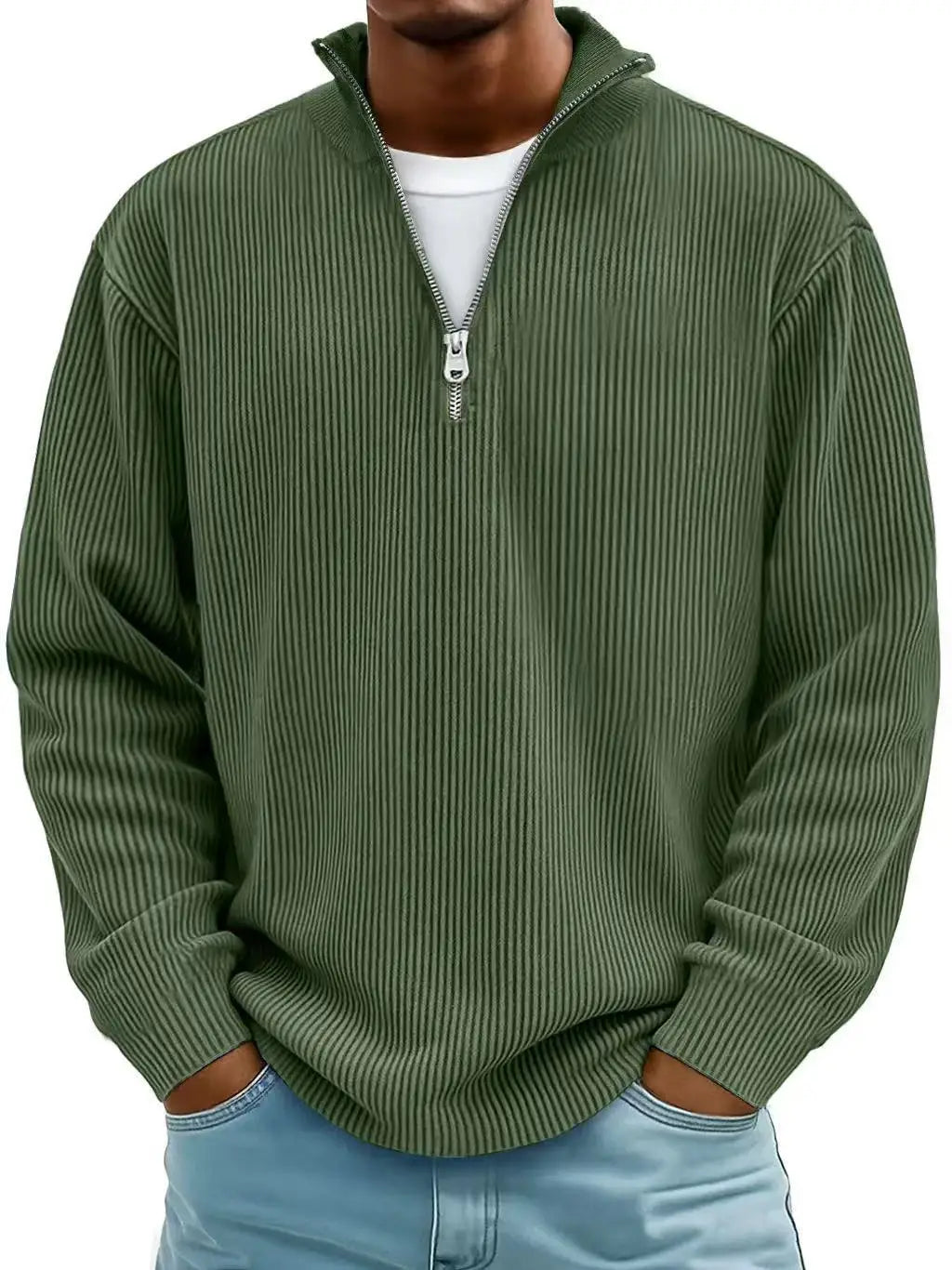Men's Quarter Zip Ribbed Jumper with Stand Collar