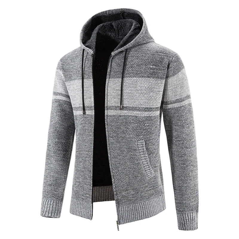 Men's Knitted Hooded Jacket – Full Zip Long Sleeve Striped Jumper