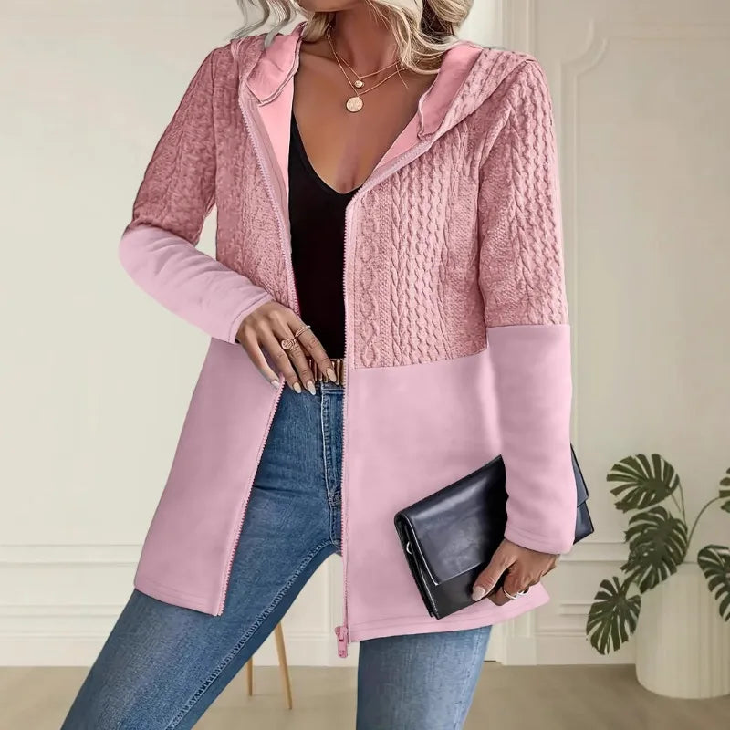 Women's Hooded Knit Cardigan – Zip Front Jacket with Long Sleeves and Pockets