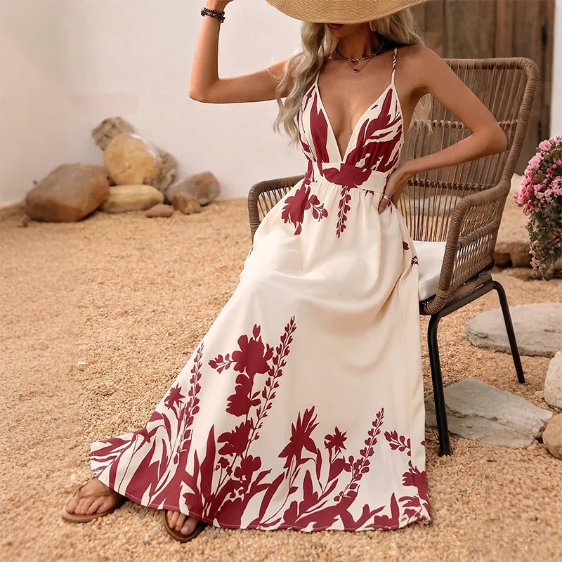 Women's Printed Deep V Maxi Dress