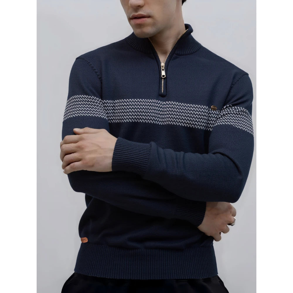 Men's Knitted Quarter Zip Jumper – Long Sleeve High Neck Striped Sweater