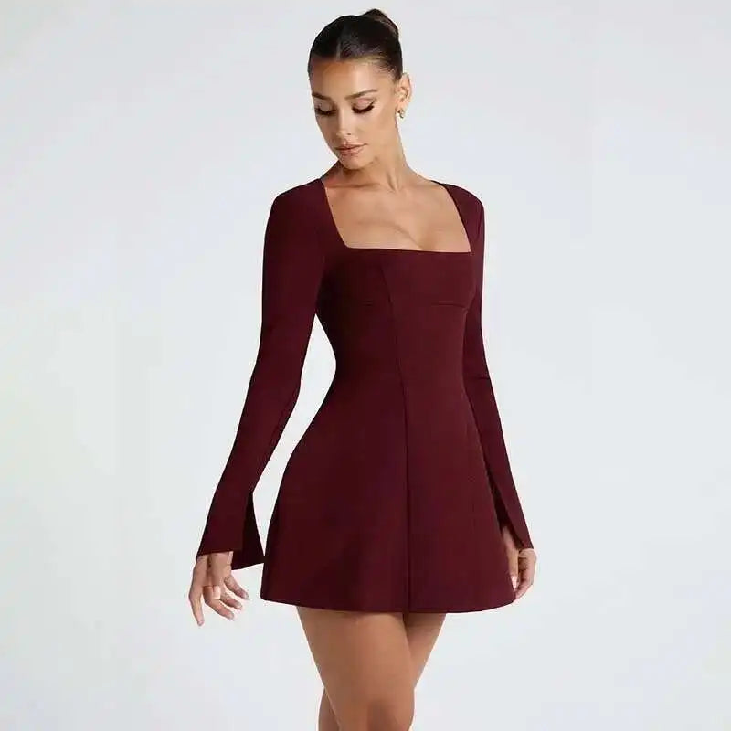 Square Neck A Line Mini Dress With Sleeves