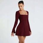 Square Neck A Line Mini Dress With Sleeves