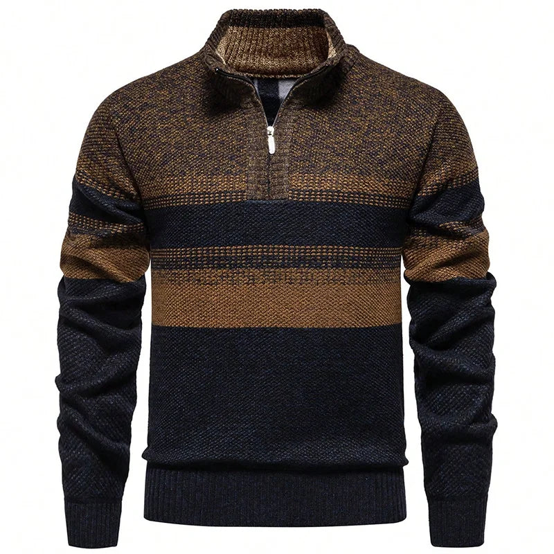 Men's Knitted Quarter-Zip Jumper – Striped Long Sleeve High Neck Pullover Sweater