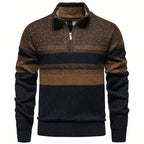 Men's Knitted Quarter-Zip Jumper – Striped Long Sleeve High Neck Pullover Sweater