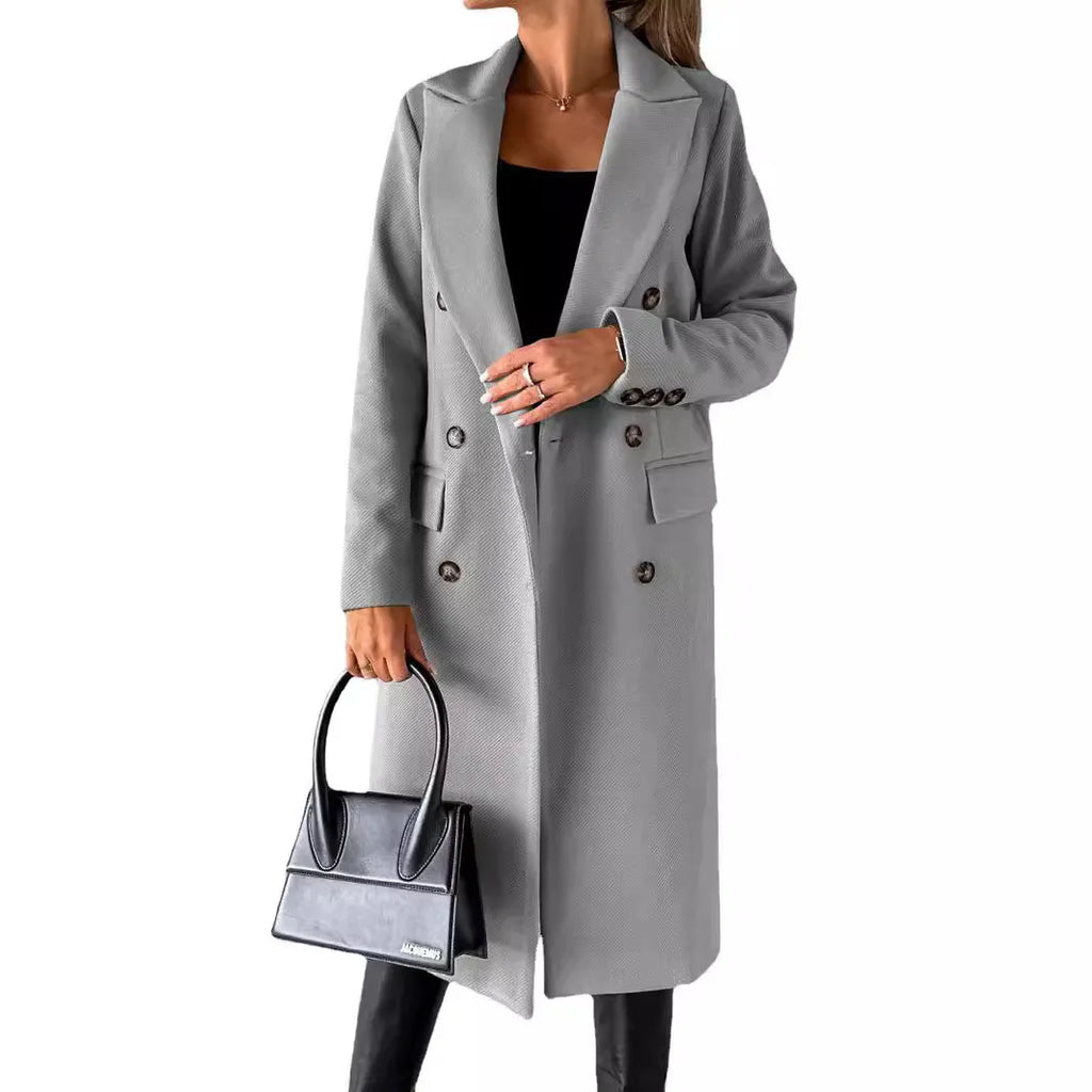 Women's Longline Double Breasted Coat – Long Sleeve Lapel Collar Button Front
