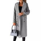 Women's Longline Double Breasted Coat – Long Sleeve Lapel Collar Button Front