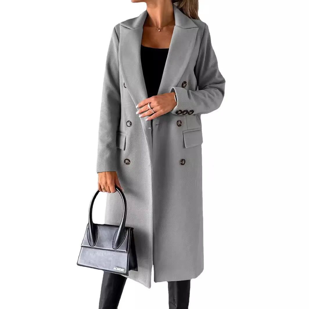 Women's Longline Double Breasted Coat – Long Sleeve Lapel Collar Button Front