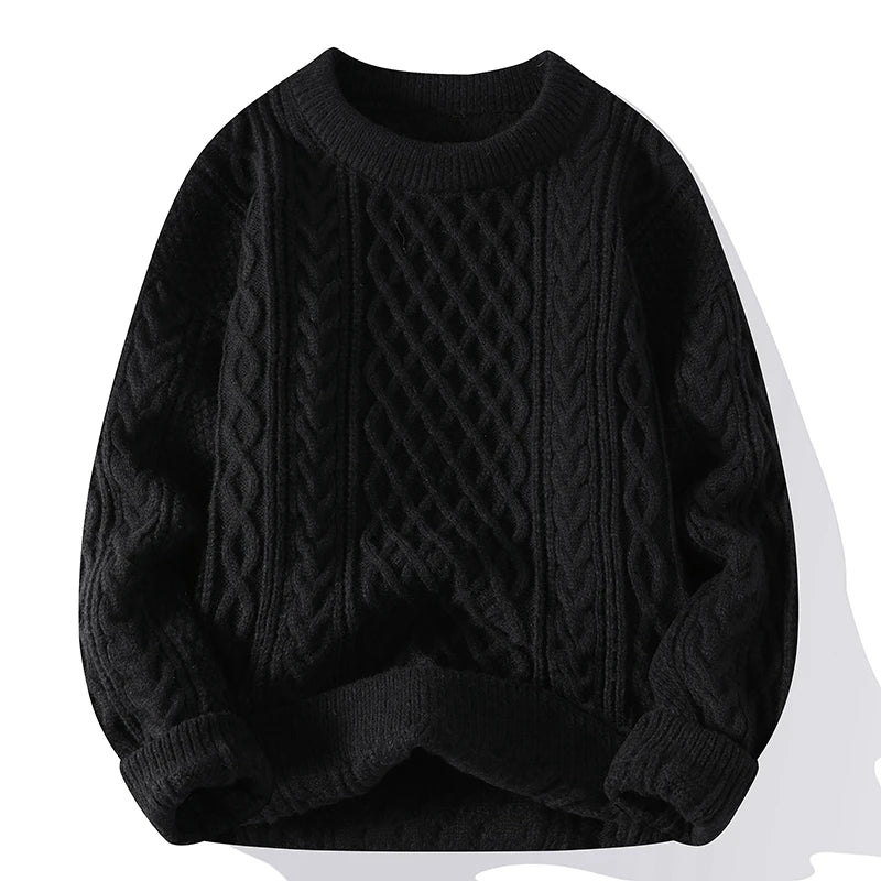 Men's Cable Knit Jumper with Crew Neck and Ribbed Trims