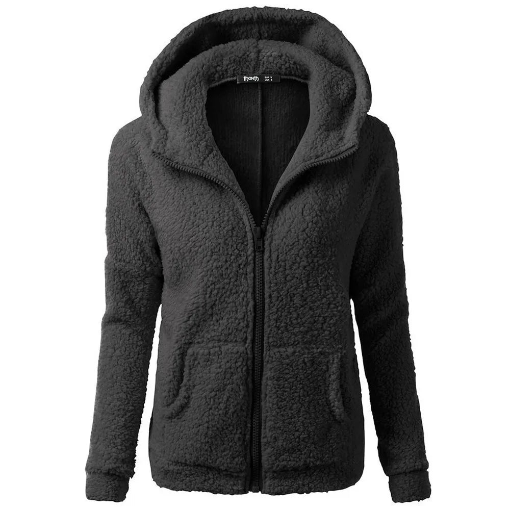 Women's Fleece Hooded Jacket – Full Zip Long Sleeve Winter Coat with Pockets