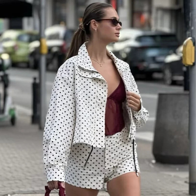 Women's Polka Dot Jacket – Cropped Hooded Zip Front Coat with Long Sleeves and Pockets