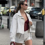 Women's Polka Dot Jacket – Cropped Hooded Zip Front Coat with Long Sleeves and Pockets