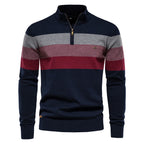 Men's Striped Quarter Zip Pullover Sweater with Ribbed Trim
