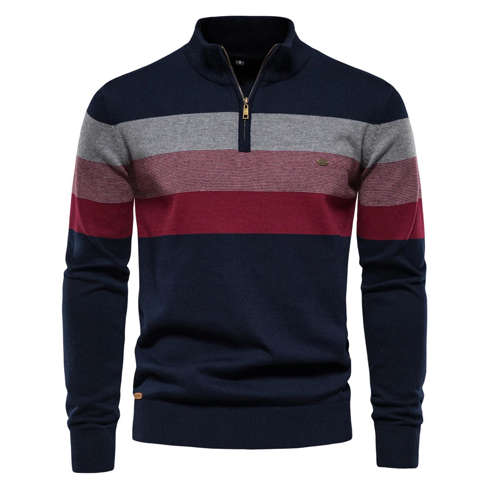 Men's Striped Quarter Zip Pullover Sweater with Ribbed Trim