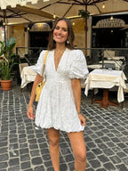 Puff Sleeve V Neck Mini Dress