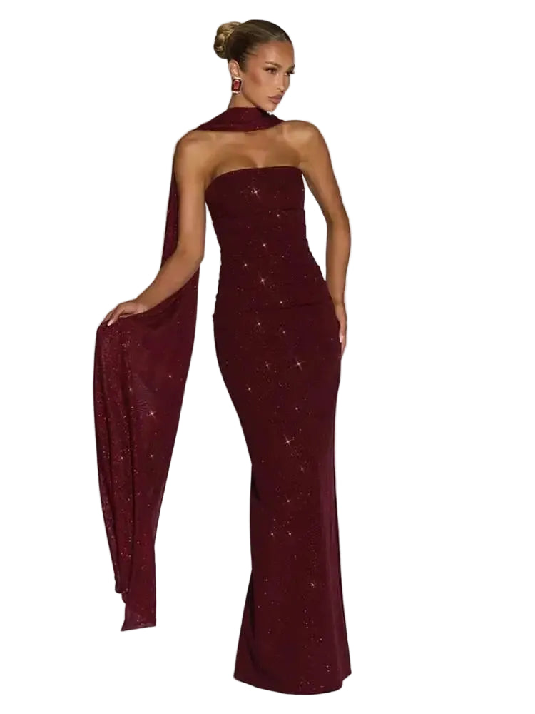 Women's Matching Scarf Strapless Long Dress