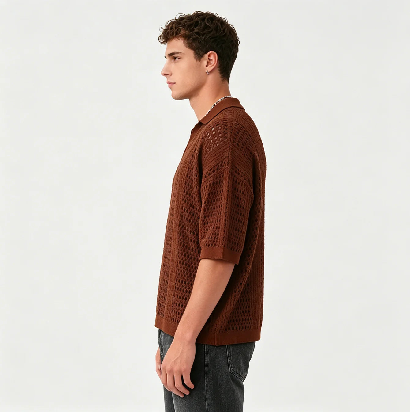 Men's Openwork Knit Polo Shirt