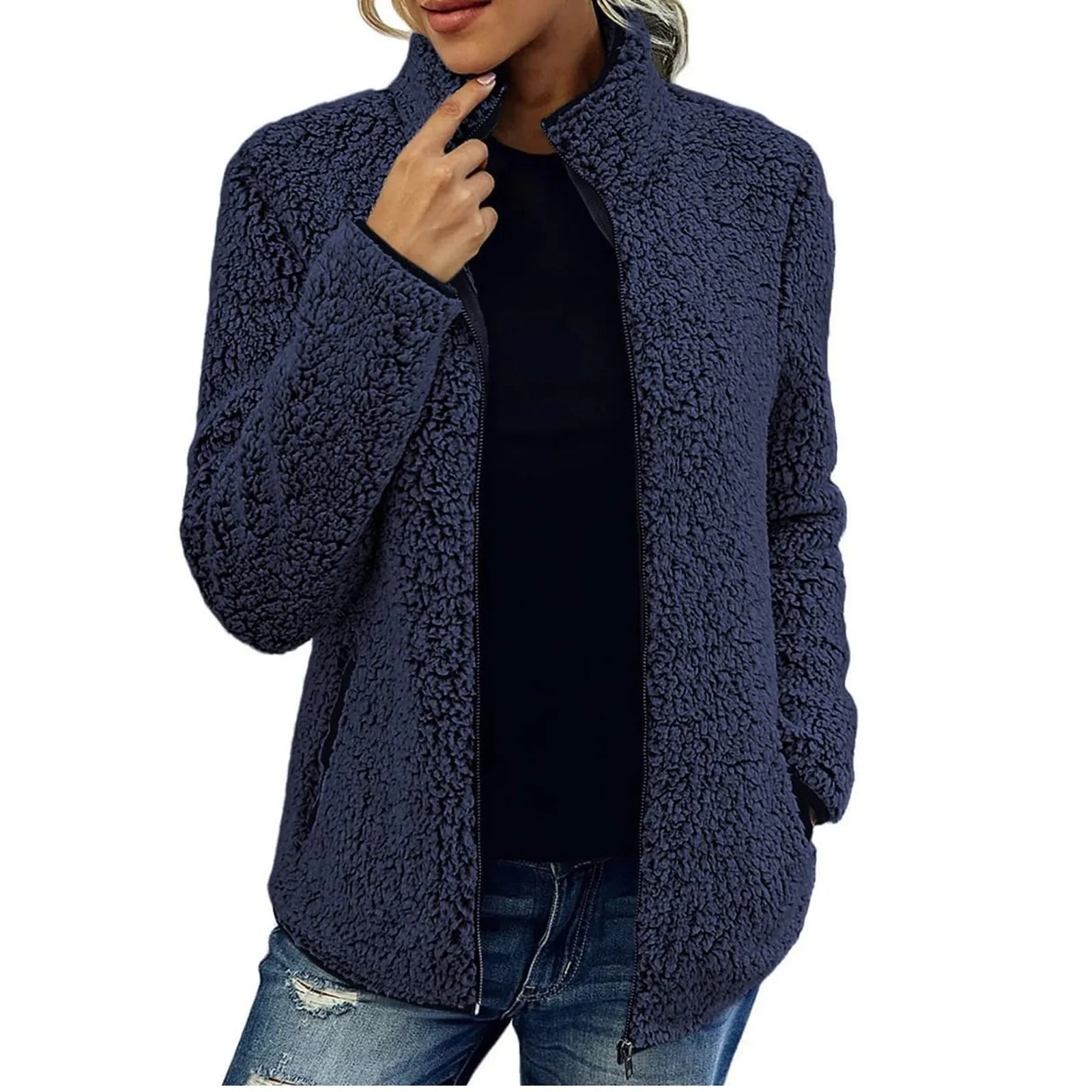 Women's Teddy Jacket – Full Zip High Collar Coat with Front Pockets