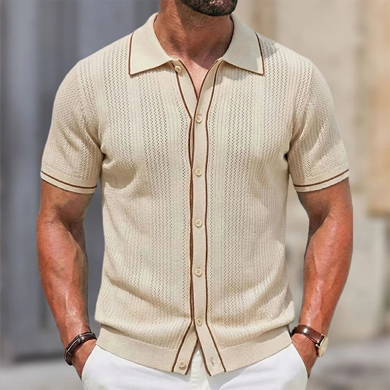 Ribbed Button Polo Shirt Men