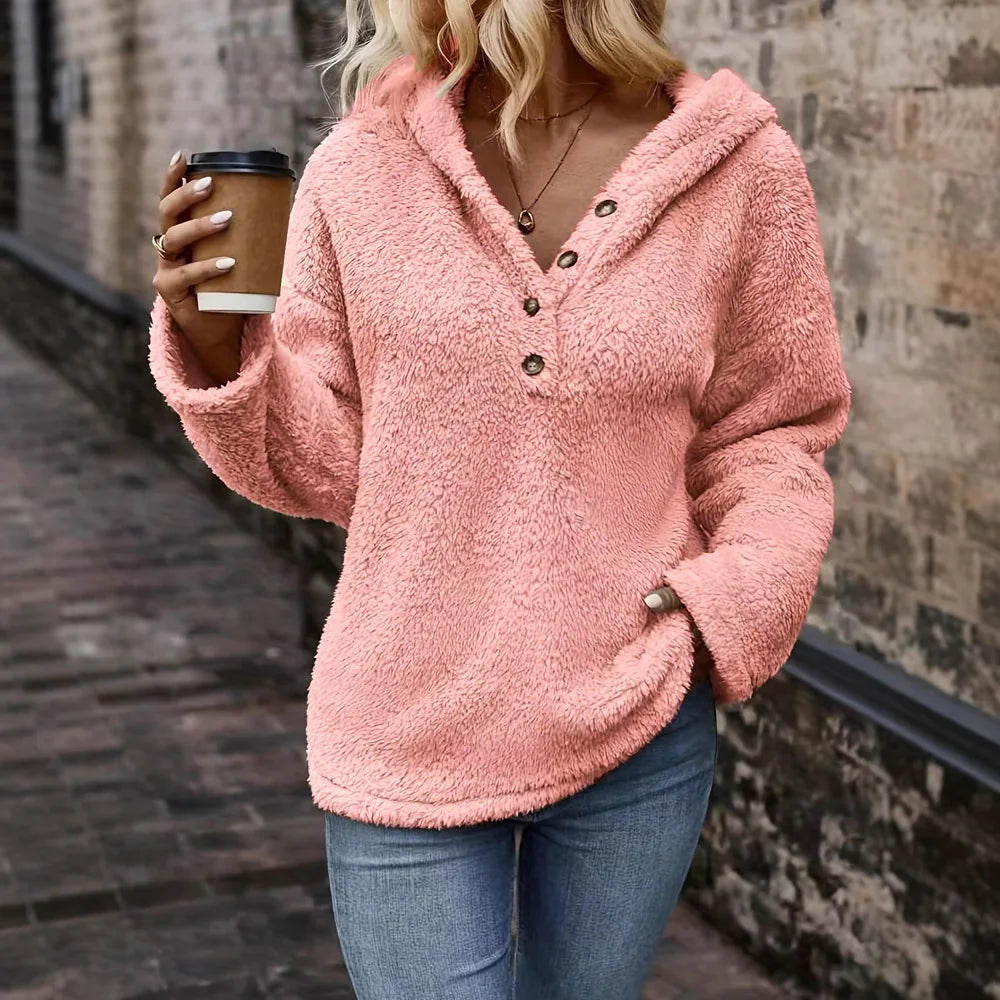 Women's Hooded Pullover Sweater – Button Neck Long Sleeve Jumper with Front Pockets