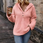 Women's Hooded Pullover Sweater – Button Neck Long Sleeve Jumper with Front Pockets