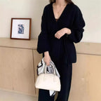 Women's Knitted Two Piece Set – V Neck Wrap Cardigan and Wide Leg Trousers