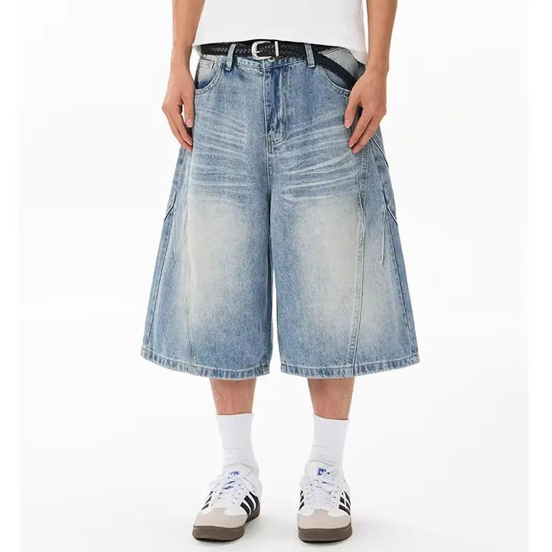 Men's Wide Leg Denim Bermuda Shorts With Classic Pockets