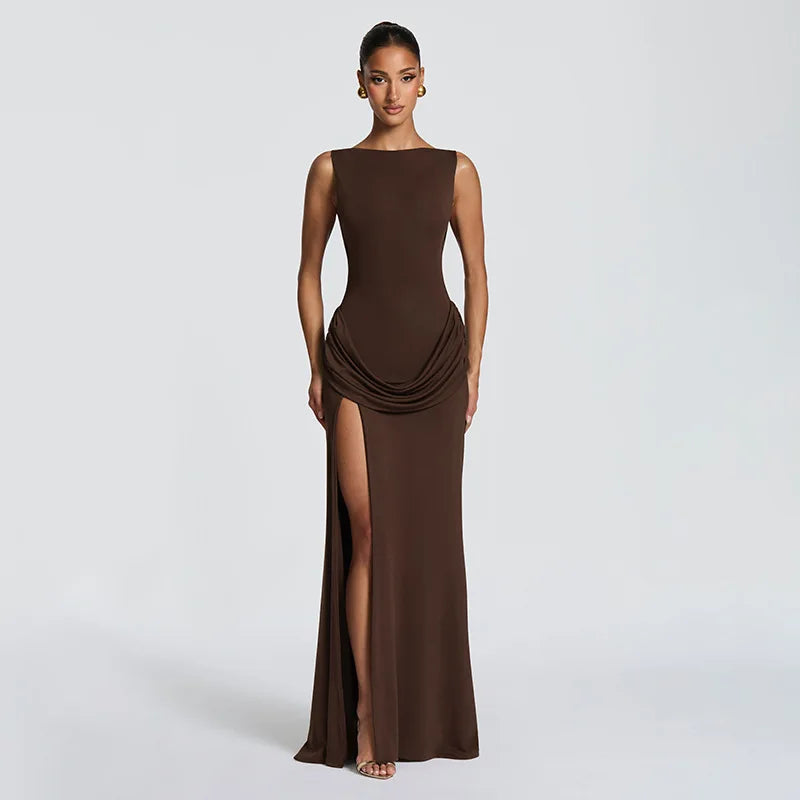 Draped Back Maxi Dress With High Slit